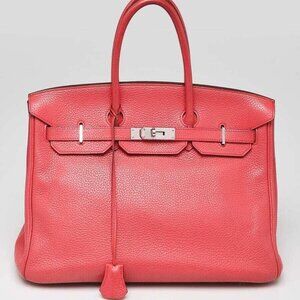 Hermes 35cm Rouge Vif Clemence Leather Palladium Plated Birkin Bag